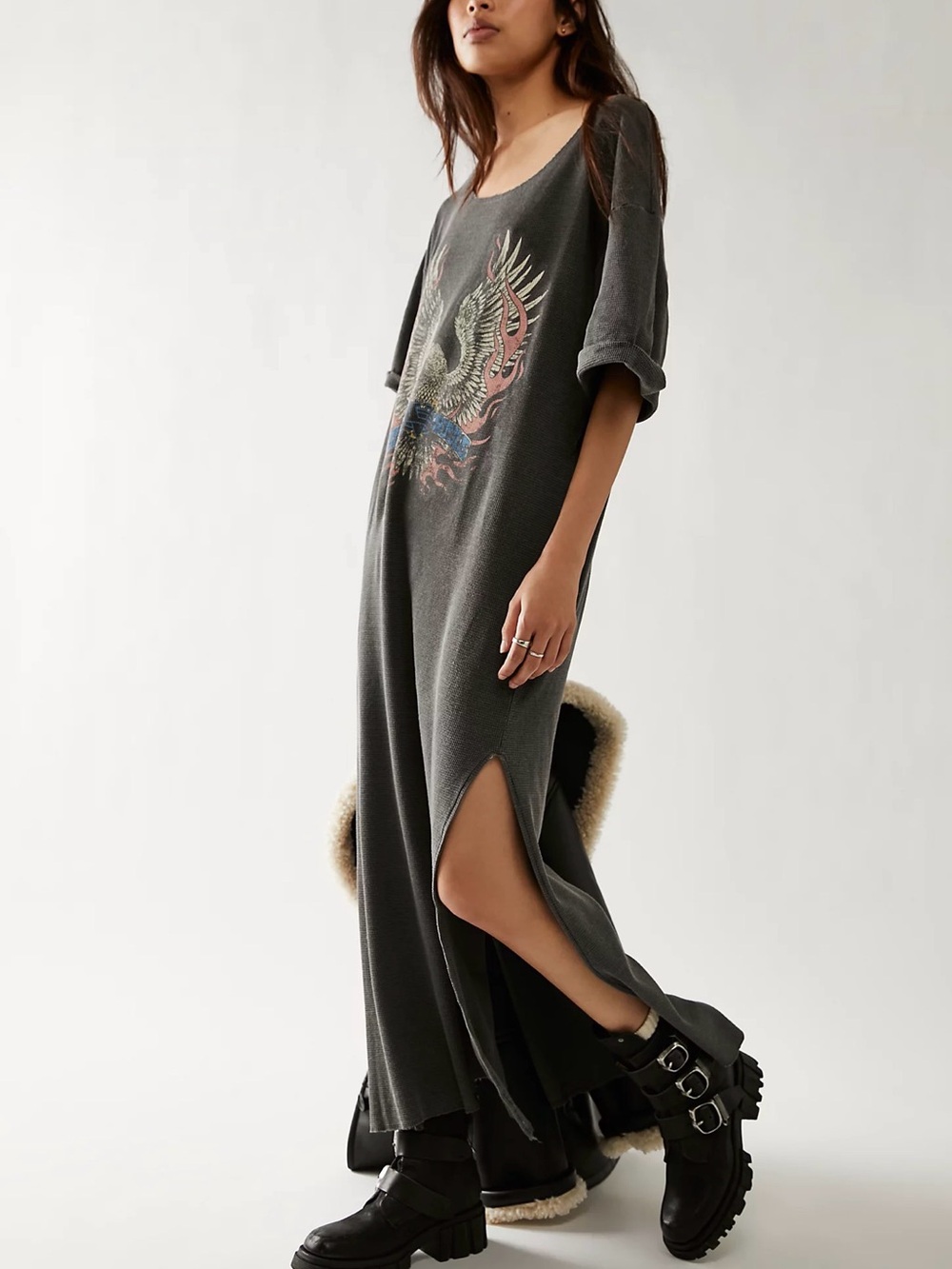 Free People Charcoal Graphic Maxi Dress with High Side Slit
